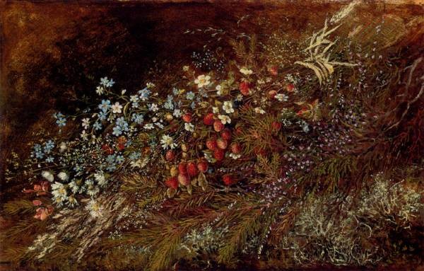 A Bouquet Of Summer Fruits And Flowers On A Mossy Bank